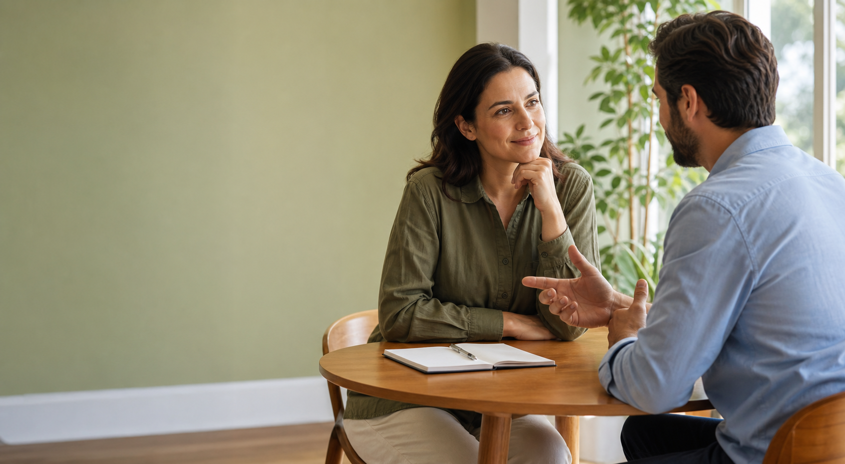 Two adults having an attentive conversation across a wooden table with an open notebook between them.