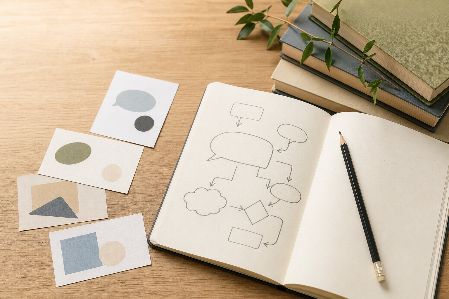 An open notebook with a hand-drawn conversation map, pencil, abstract cards, and a stack of unbranded books on a wooden desk.