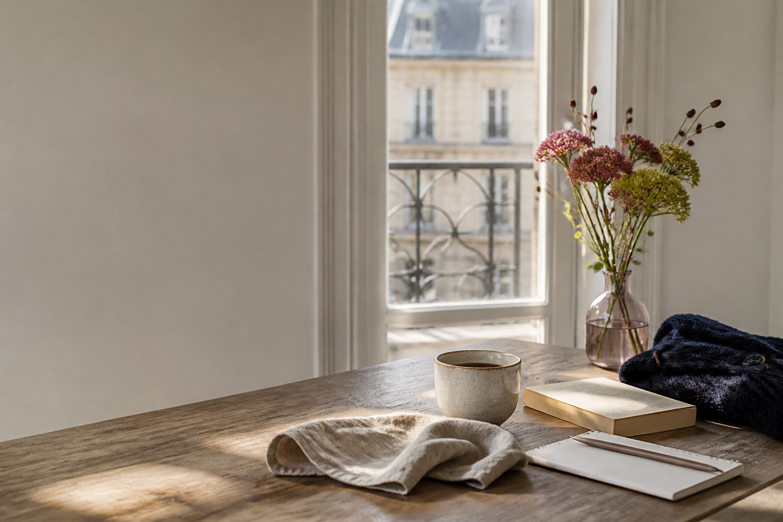 A sunlit wooden table with coffee, a blank notebook, a paperback book, flowers, and a folded navy cardigan beside a city window.