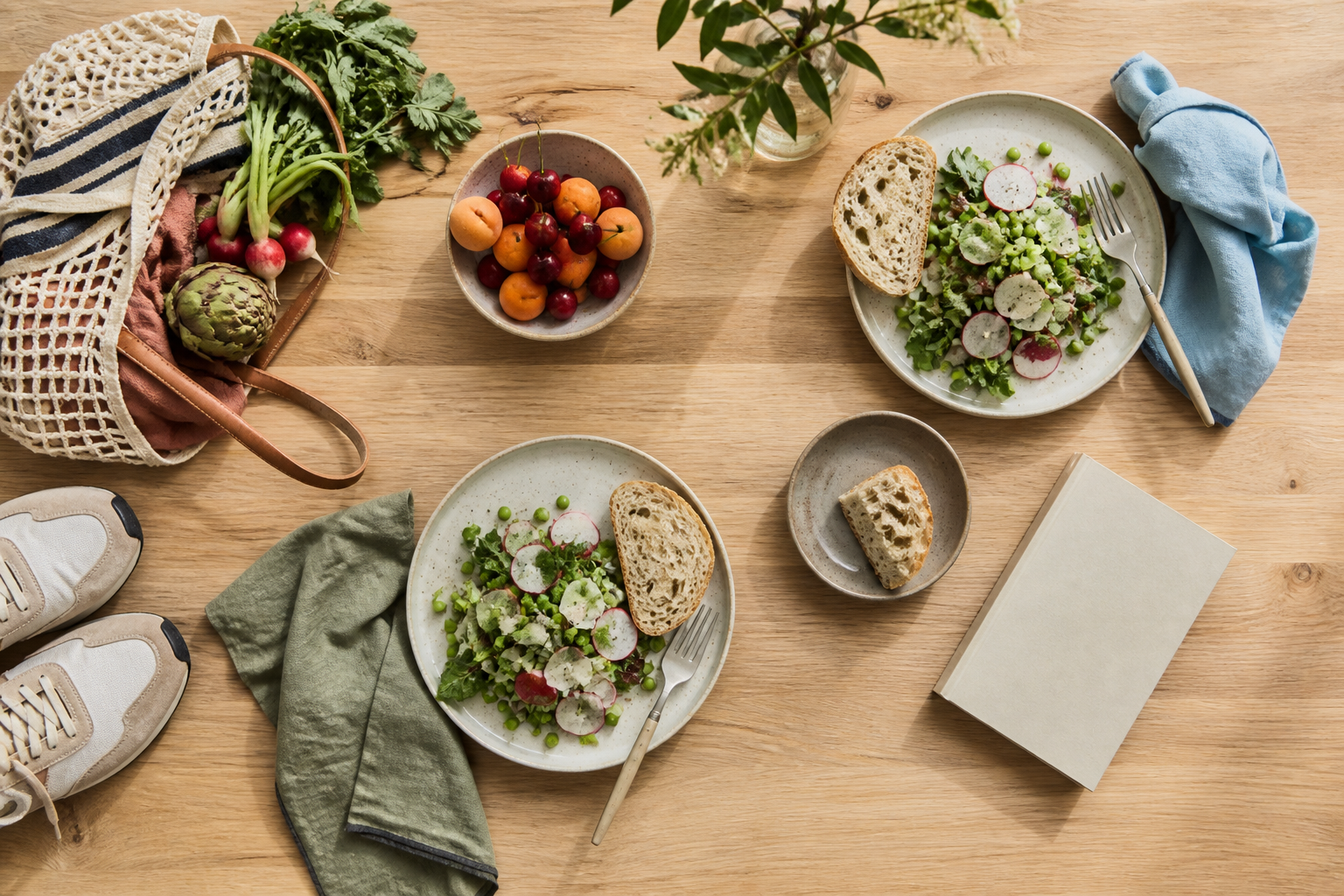 An overhead table with two simple salads, bread, fruit, linen napkins, a market tote, walking shoes, and a blank paperback book.