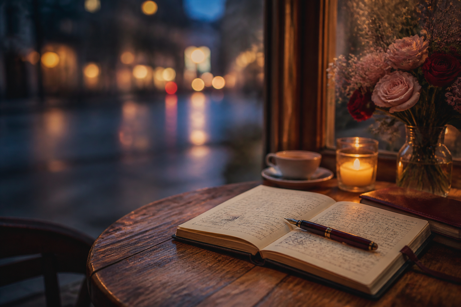 A language-learning notebook and fountain pen on a candlelit café table beside roses, with a softly blurred city street at dusk.