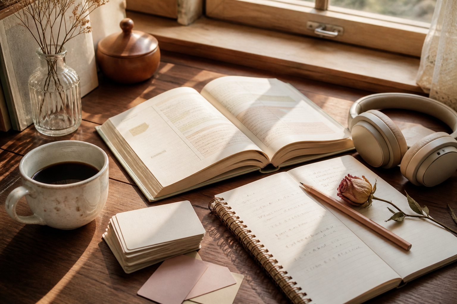 An open language textbook, vocabulary notebook, headphones, coffee, and a single dried rose on a sunlit wooden desk.