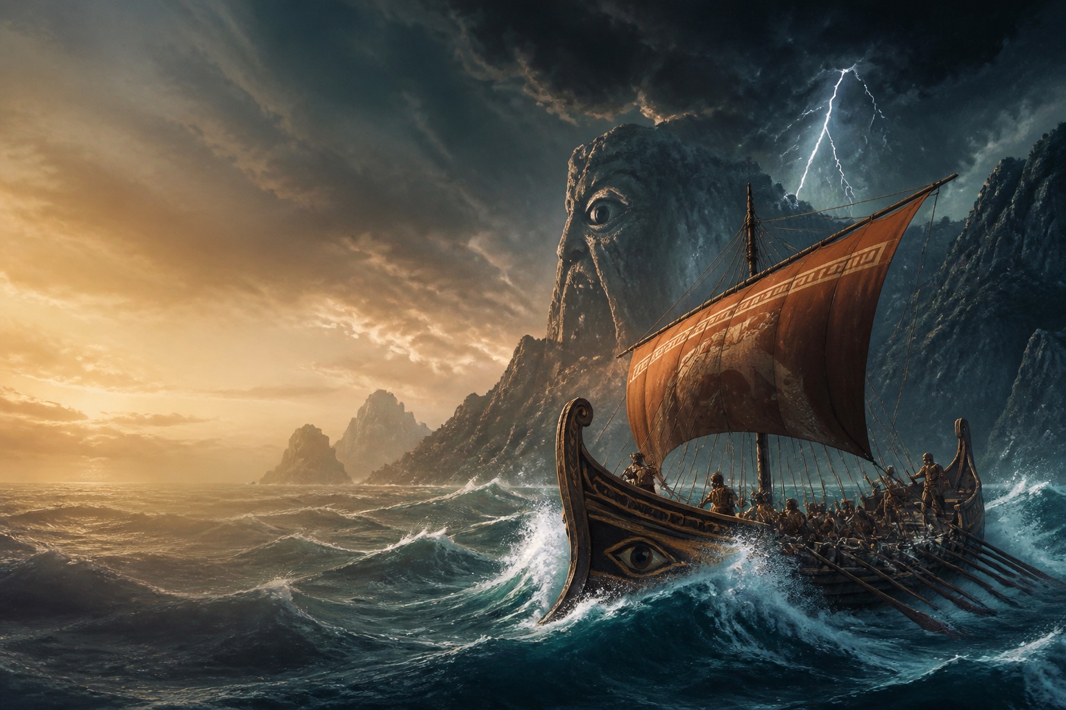 An ancient sailing ship battles dark Mediterranean waves beside a rocky island shaped like a watchful Cyclops.