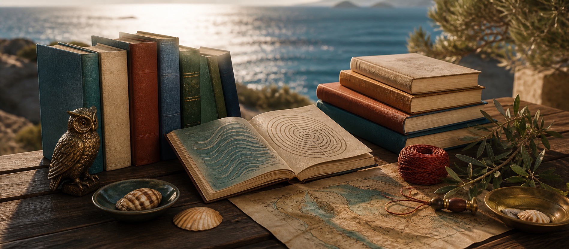 Unbranded novels, an open illustrated book, a bronze owl, shells, red thread, and an olive branch on a seaside table.